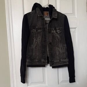 American Eagle Outfitters Black Hooded Denim Jacket with Knit Sleeves